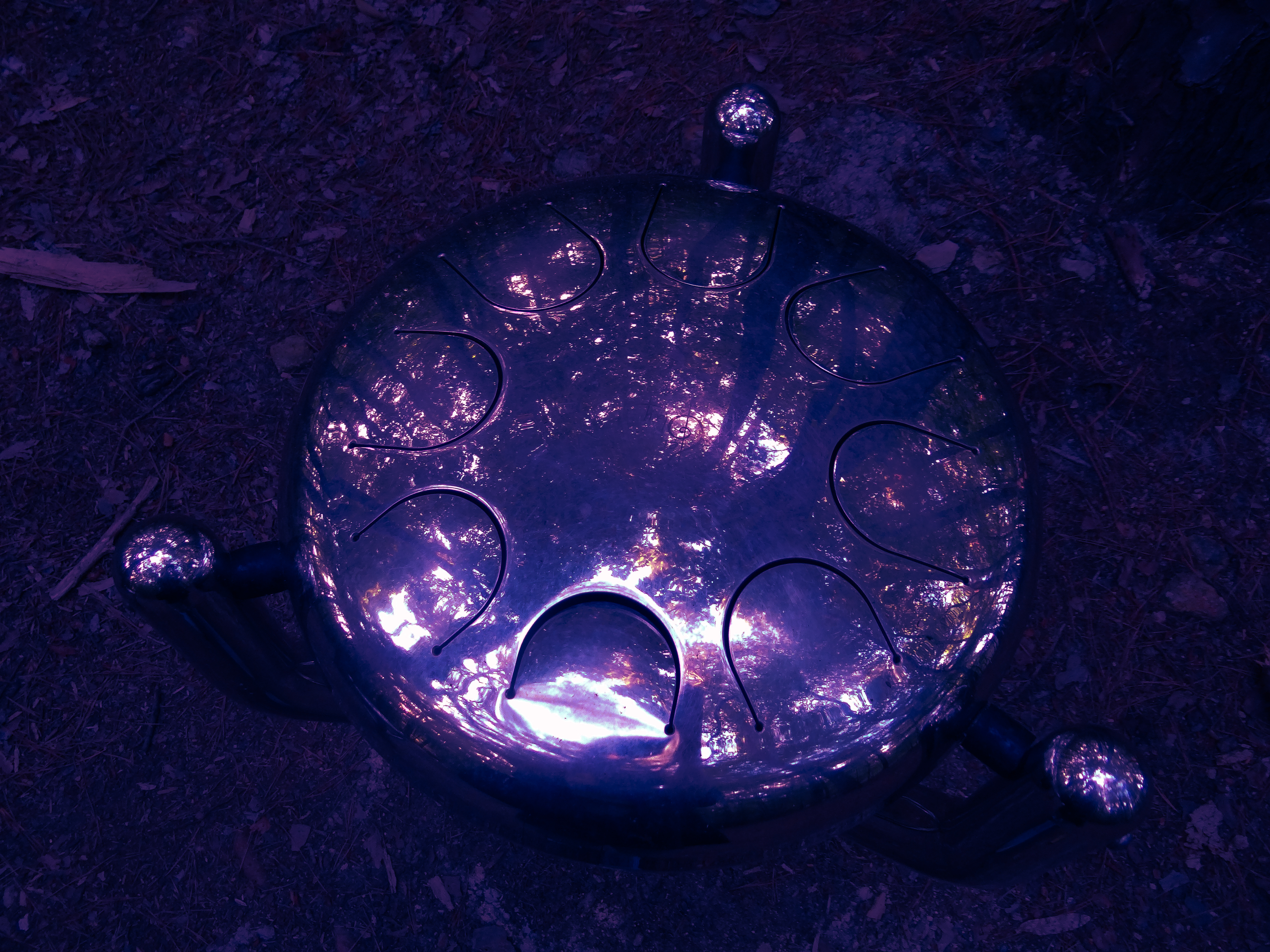 Metal Drum with Purple Edits and Reflections of Trees